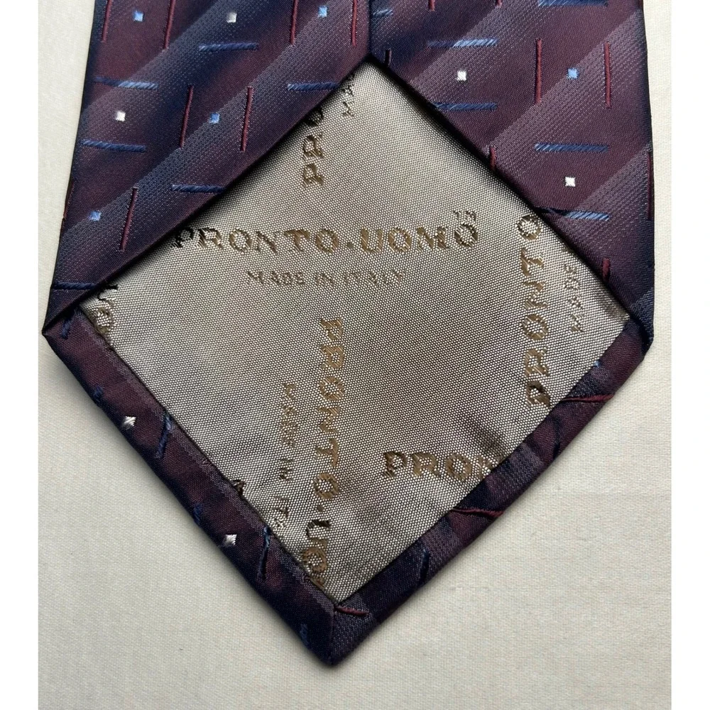 Pronto Uomo Firenze Tie 100% Silk Made Italy Burgundy Blue Geometric NWT